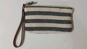 Live Love Loft Wristlet Zip Coin Purse Beige Black Woven Cotton Stripe NWT